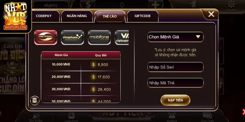 Gửi vốn vào số dư nhanh bằng thẻ cào